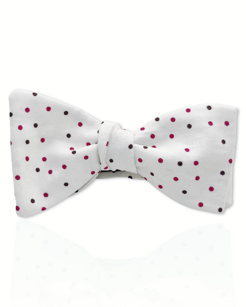 White Bow Tie with Burgundy and Brown Dots