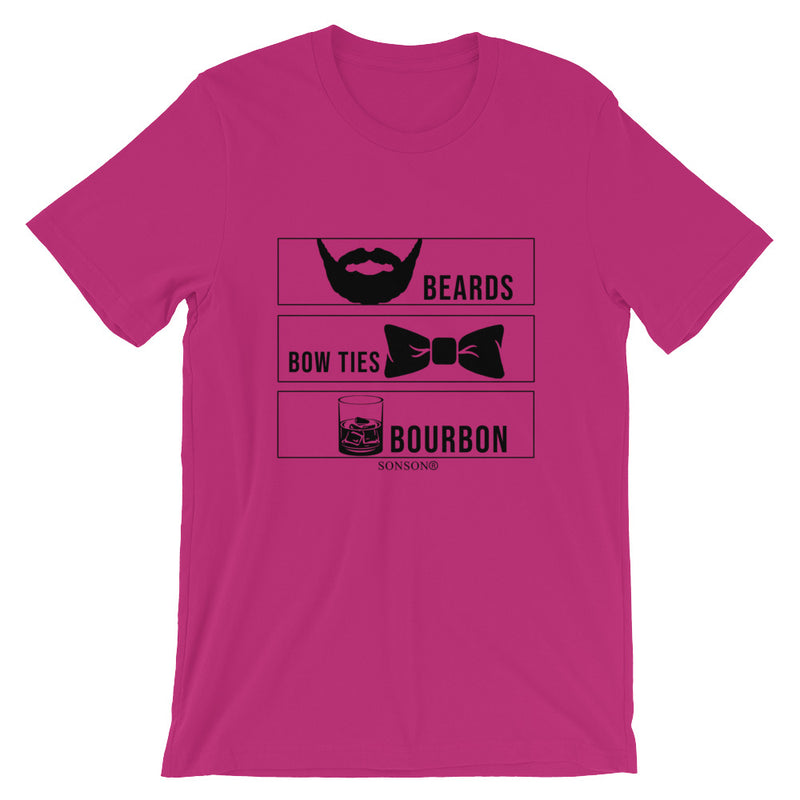 Beards, Bow Ties, and Bourbon Black Graphic Short-Sleeve Unisex T-Shirt - SONSON®